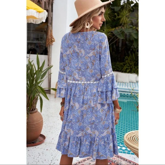 Boho Floral Lace Patchwork Tiered Ruffled V Neck Mini Dress - Picture 3 of 5